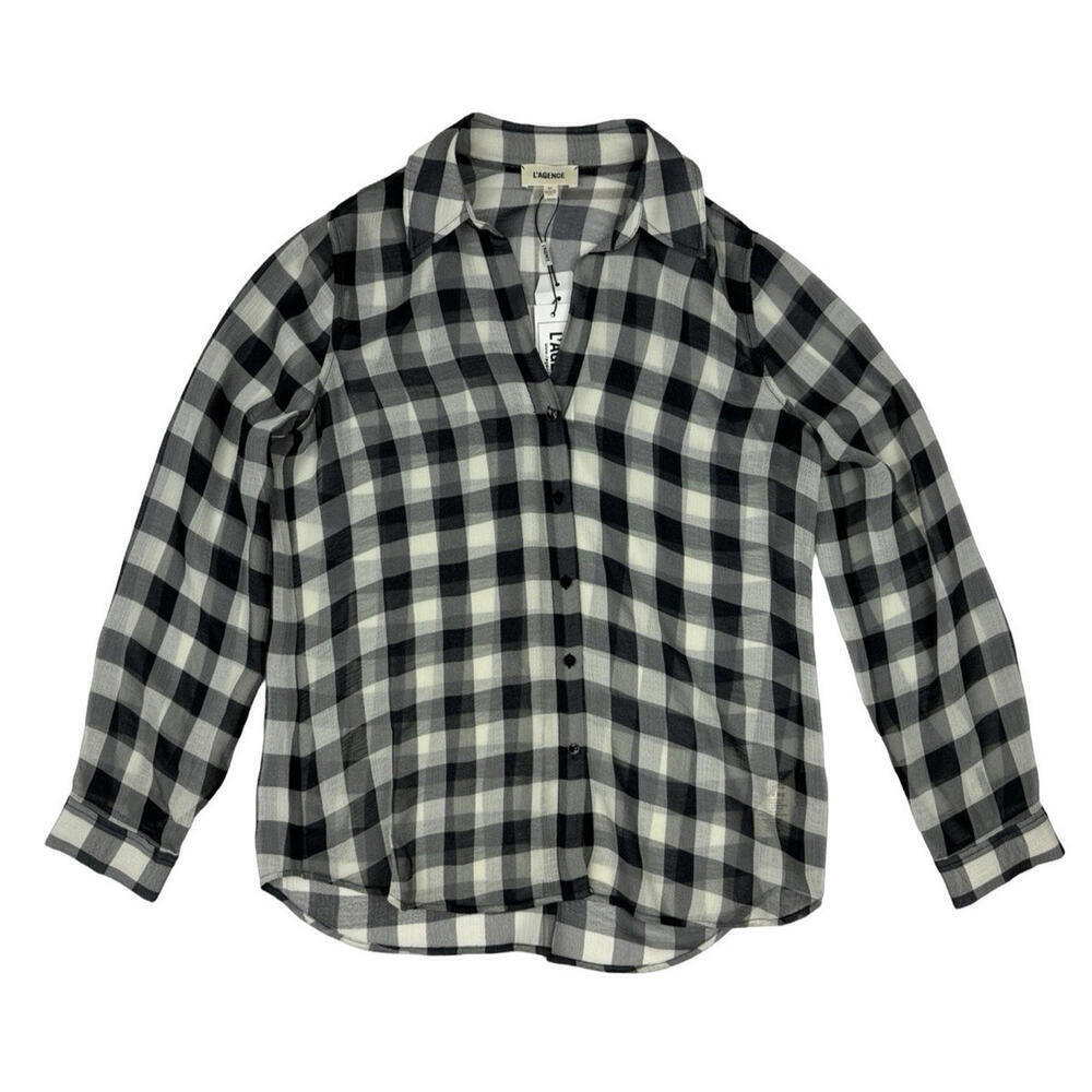 L'Agence Argo Plaid Button-Up Blouse White Black Size S